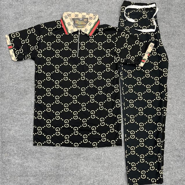 Black with beige monogram Polo shirt and Pants set