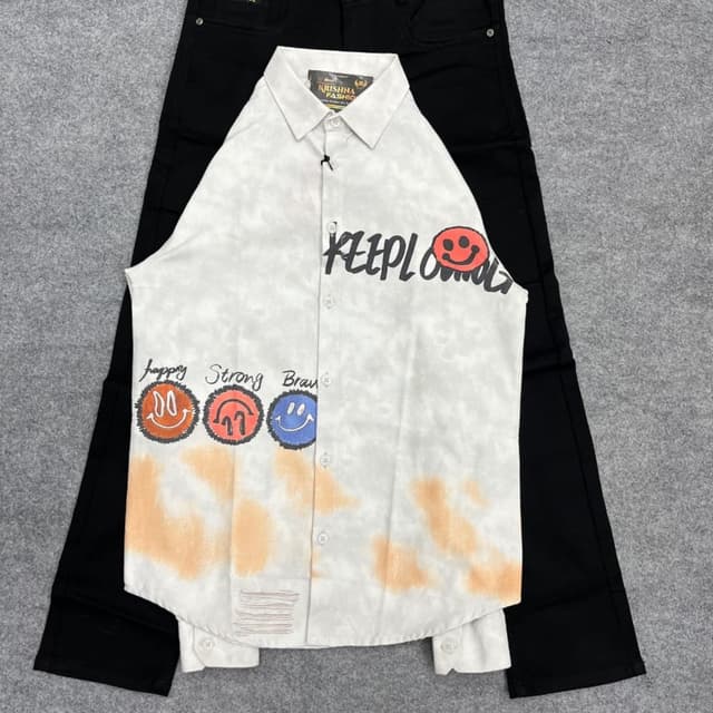 White, Black, Orange, Blue, Red Shirt and Jeans