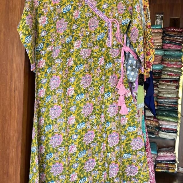 Olive green with pink and blue floral print Kurti