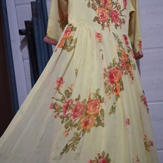 Pale Yellow with Pink, Orange, and Green floral print Anarkali Dress