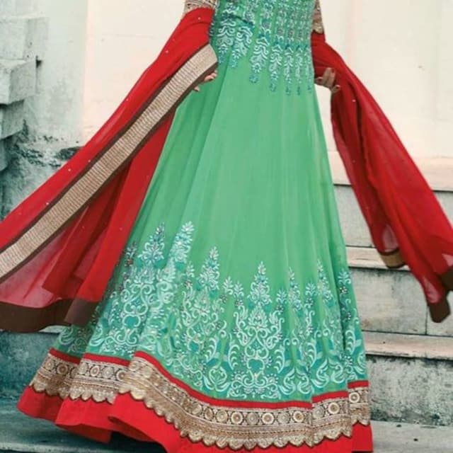 Light Green, Red, White, Gold Lehenga Choli
