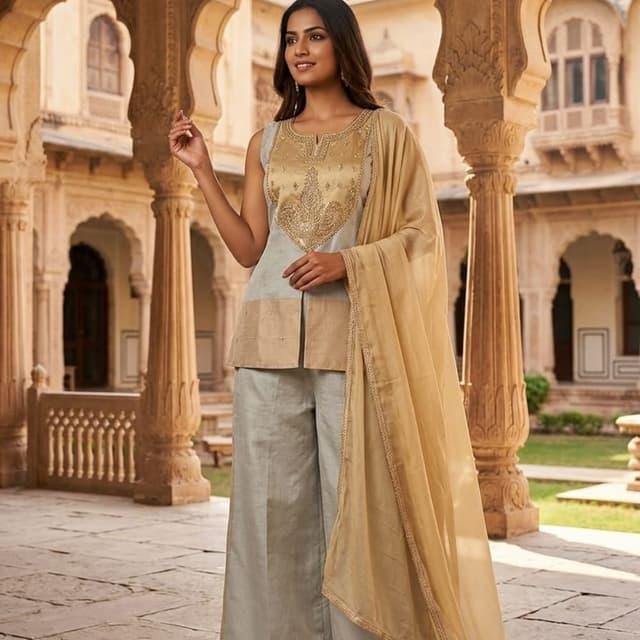 Grey, Gold Kurta Set with Palazzo and Dupatta