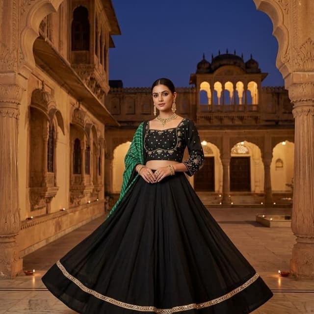 Black base with green and gold accents Lehenga Choli