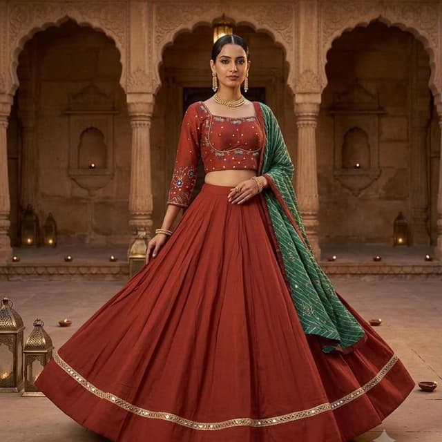 Rust orange, Emerald green, Gold Lehenga Choli