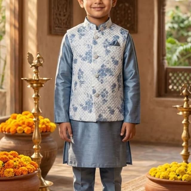 Blue, White Kurta Set with Nehru Jacket