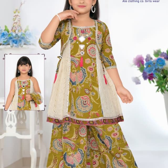 Olive green, cream, pink, blue, with hints of maroon and white Kurti with Palazzo Pants and Jacket