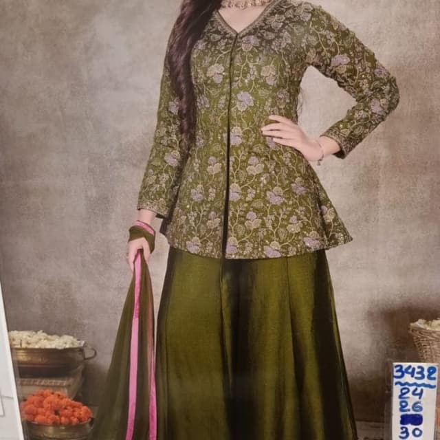 Olive Green with floral print in lighter green and pink accents, and a contrasting pink border on the dupatta Peplum Top with Palazzo Pants and Dupatta