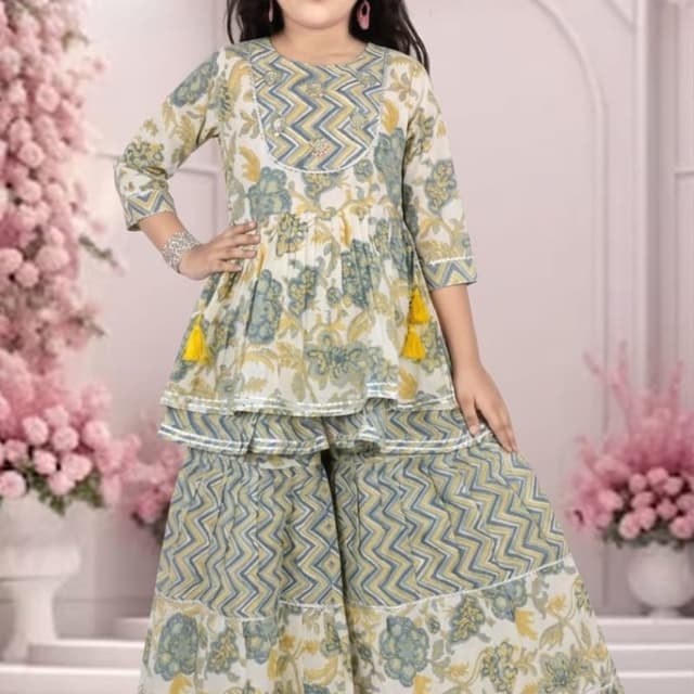 Cream, Yellow, Blue-Gray Sharara Set