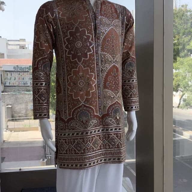 Brown with silver and grey accents Kurta and Pants Set