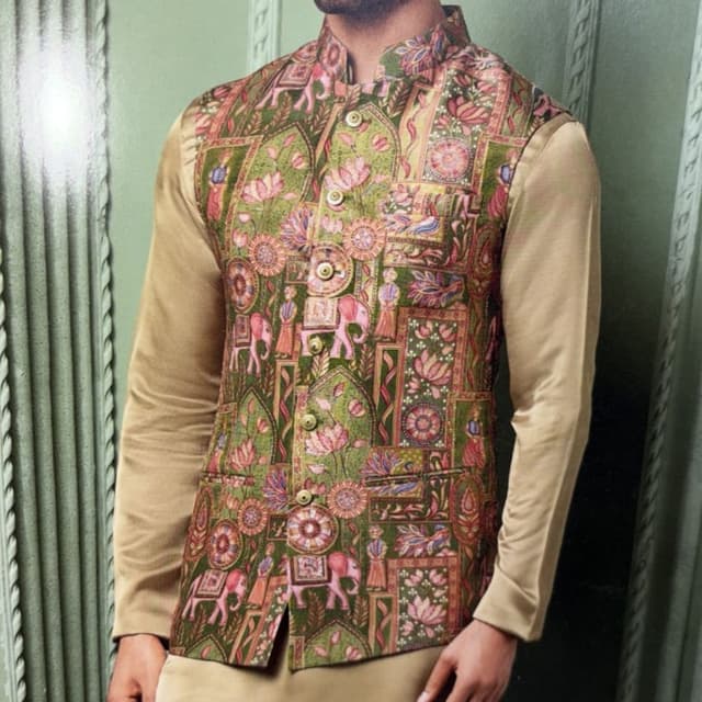 Olive green, pink, beige, gold, orange Nehru Jacket (Waistcoat)