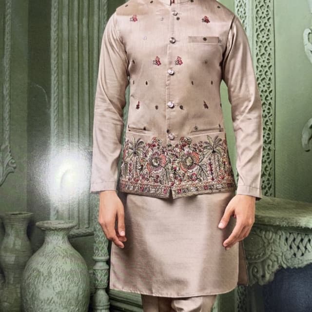 Beige with multicolored embroidery Sherwani Set