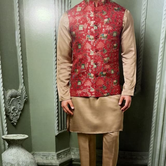 Red, Beige, Green, Brown Kurta Set with Waistcoat