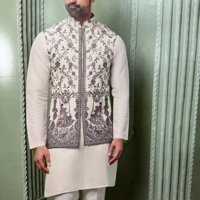 Cream, Off-white, with dark grey/black embroidery Kurta set with Nehru jacket