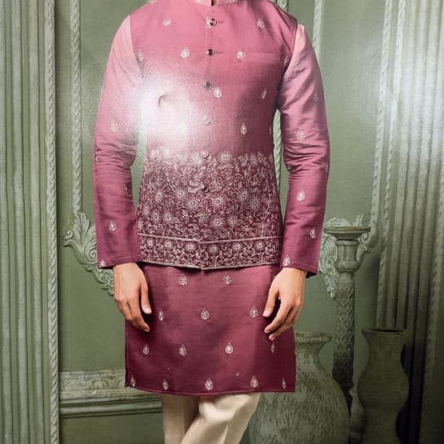 Rose pink with gradient, beige trousers Sherwani set with kurta and trousers
