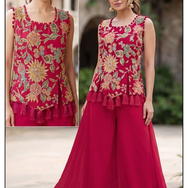 Red with multi-colored floral embroidery Kurti with Palazzo Pants