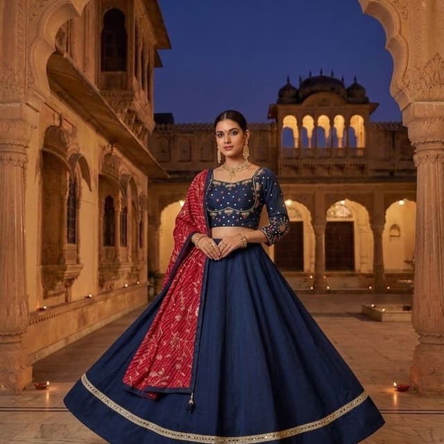 Navy Blue, Red, Gold, White Lehenga Choli