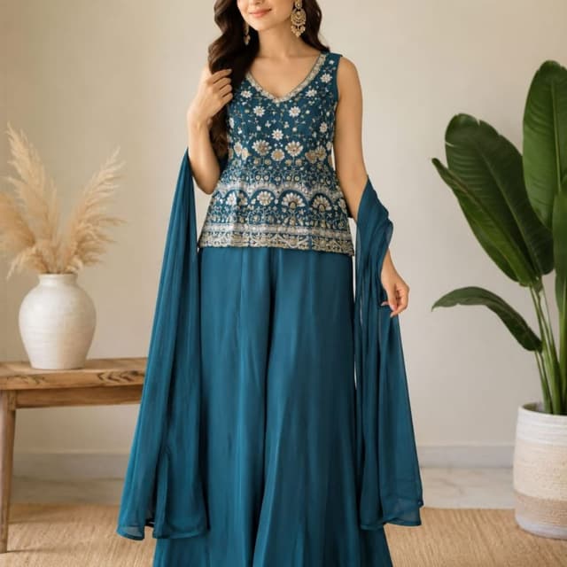Teal blue with white and gold accents Peplum top with palazzo pants and dupatta