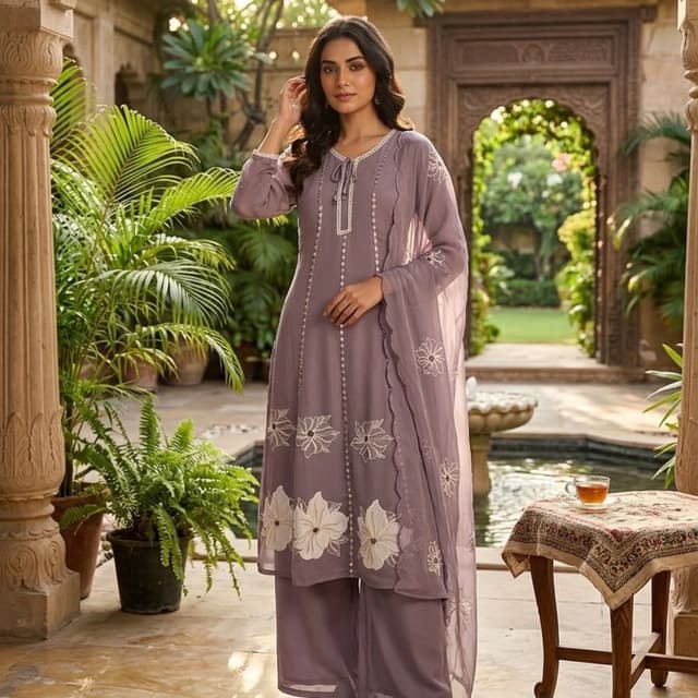 Lavender/Mauve with White Kurta Set with Palazzo and Dupatta