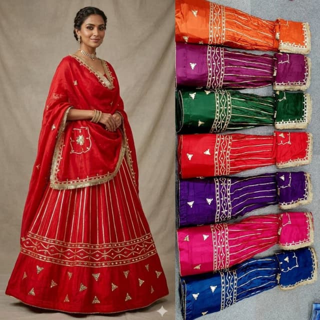 Red, Orange, Purple, Green, Pink, Blue, Gold accents Lehenga Choli
