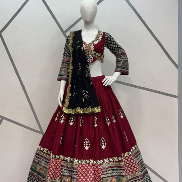 Maroon, Black, Gold, White, Green, Red Lehenga Choli
