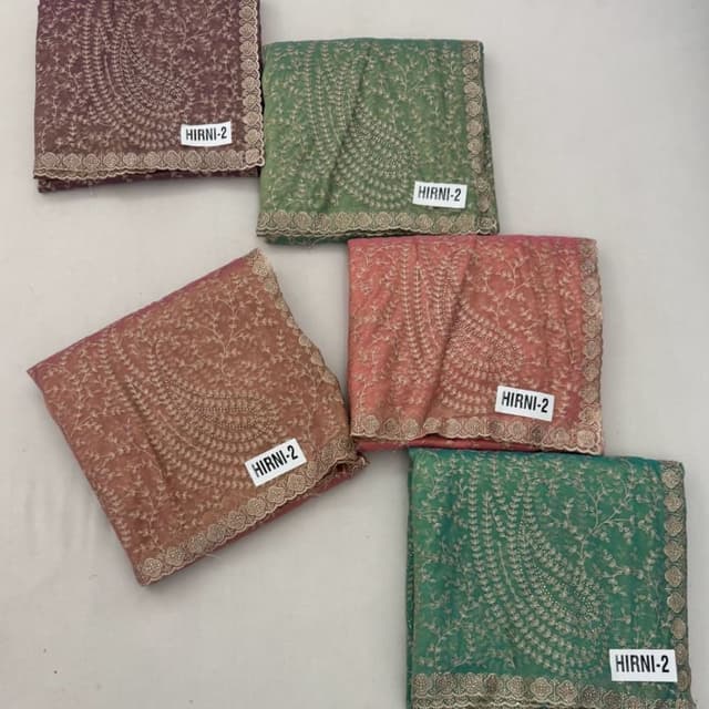 Purple, Green, Peach Fabric (likely for Saree or Lehenga)