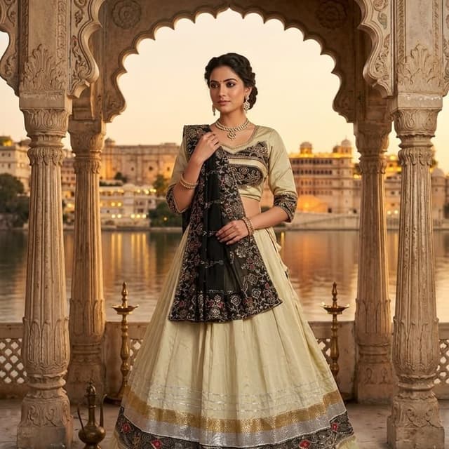 Cream, Black, Gold, Silver, Red Lehenga Choli