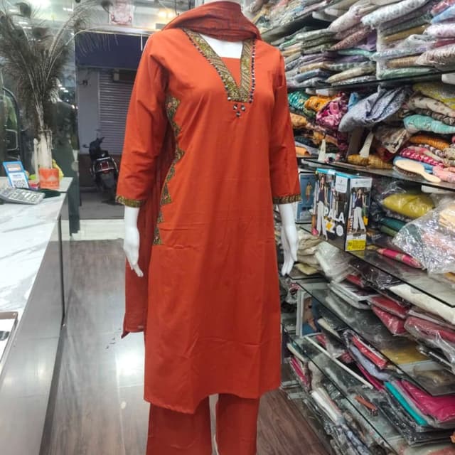 Orange, Green, Gold, Black Kurta set with Palazzo and Dupatta