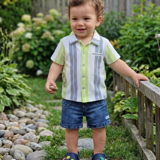 White, lime green, gray, blue Shirt and Shorts Set