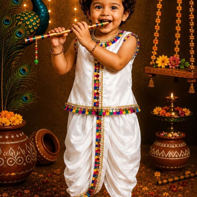 White with multicolor border and golden accents Krishna Costume (Lehenga-style dhoti with a sleeveless kurta)