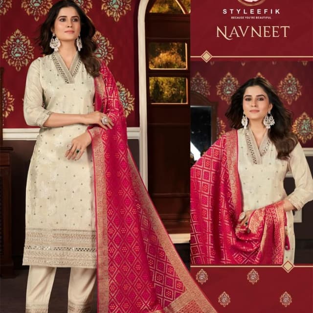 Off-white with fuchsia pink and gold accents Kurta set with dupatta