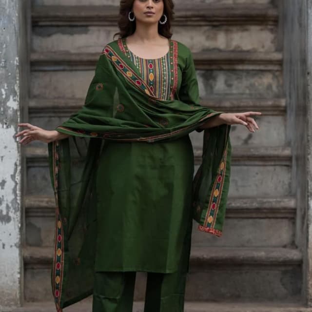 Deep green with multi-colored embroidery Kurta Set