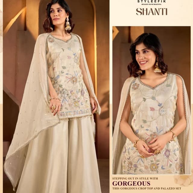 Cream, Beige, Pastel floral colors Crop Top and Palazzo Suit