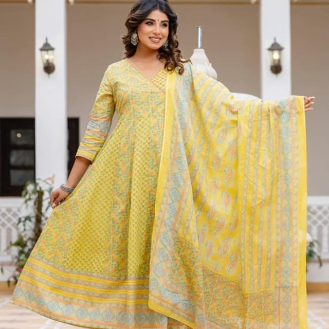 Yellow with accents of green and orange Anarkali Suit with Dupatta and Pants