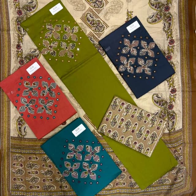 Olive green, Teal, Red, Navy blue, Beige, Brown, Multicolor floral and paisley prints Unstitched Salwar Kameez Material