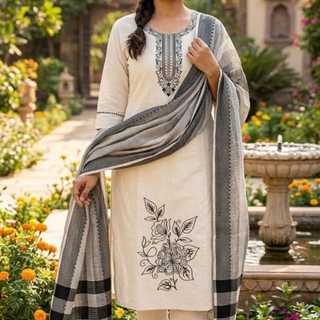 Off-white, Black, Grey Kurta Set