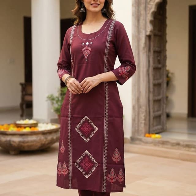 Maroon with white and pink accents Kurta with pants