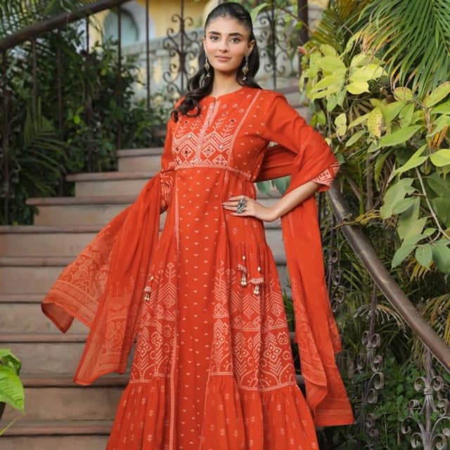 Orange with white prints Anarkali Suit