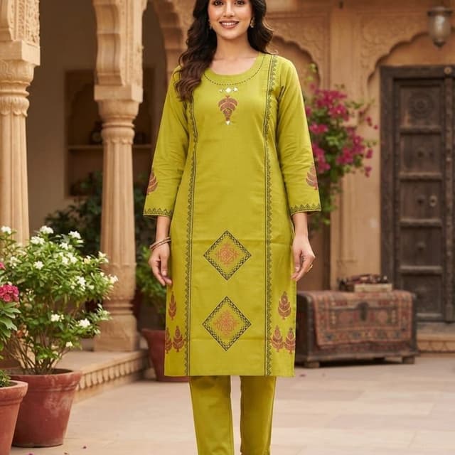 Lime Green with Maroon and Black accents Kurta Set