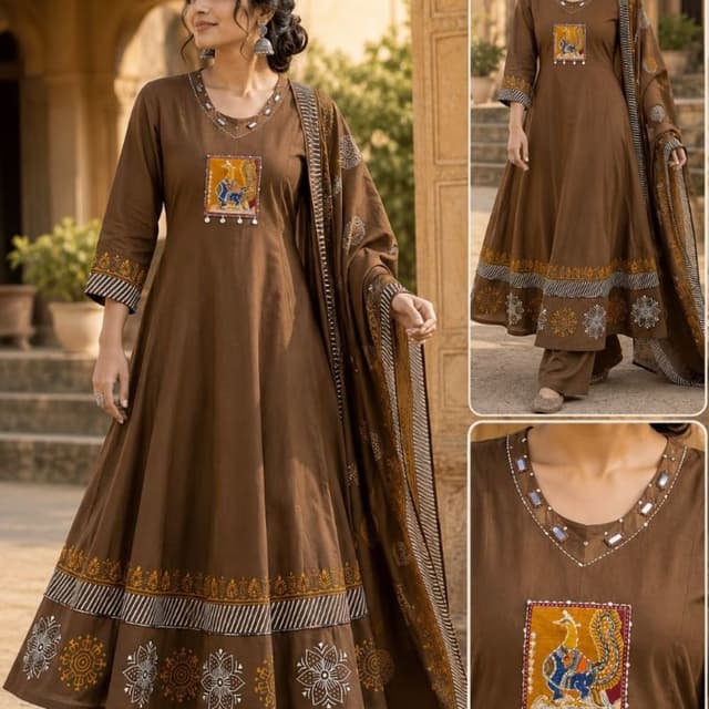 Brown, Yellow, White, Blue, Orange Anarkali Suit Set