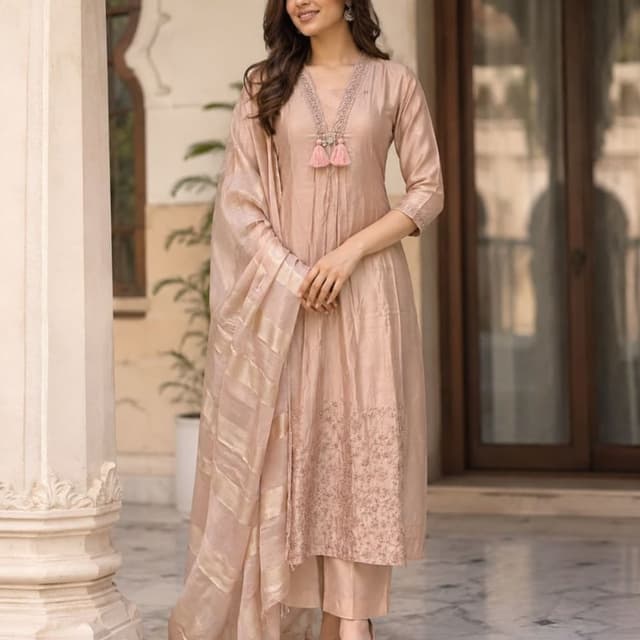 Beige, Rose Gold Kurta Set with Dupatta
