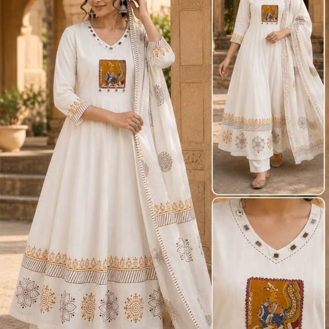 Off-white with brown, ochre, and blue accents Anarkali Suit with Palazzo and Dupatta