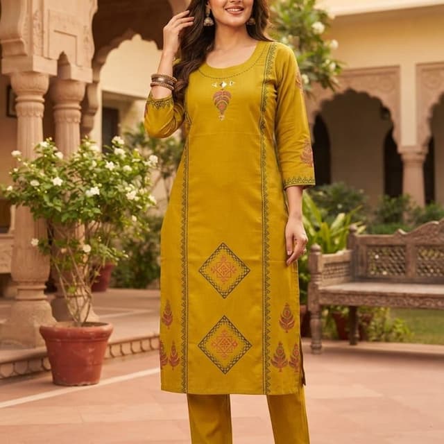 Mustard Yellow with maroon and black accents Kurta and Pants Set