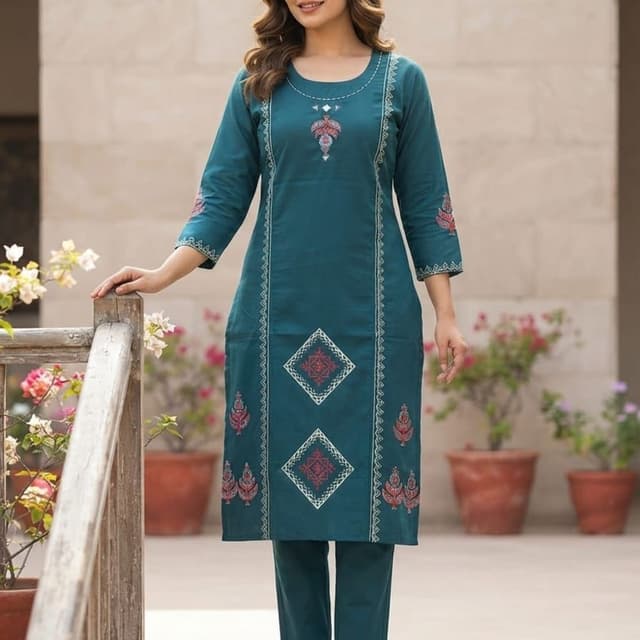 Teal, White, Red Kurta Set
