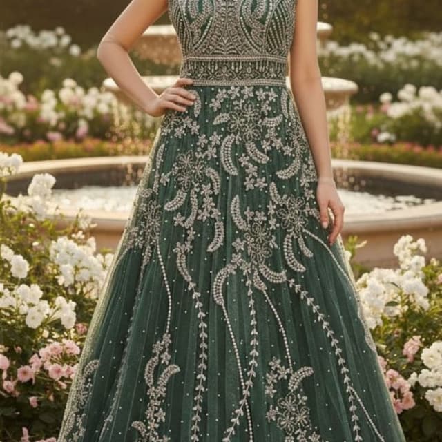 Deep Green with Silver Embellishments Anarkali Dress or Gown