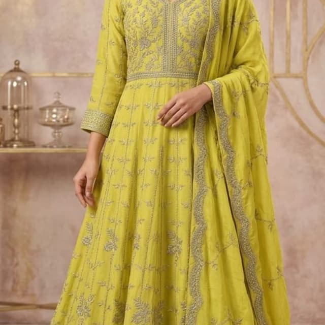 Lime Green with Silver Embellishments Anarkali Suit