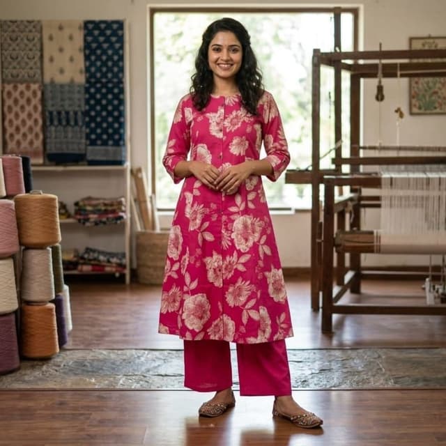 Hot Pink with Cream floral print Kurta and Palazzo Set