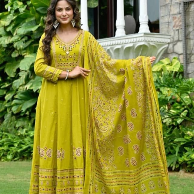 Lime Green with brown and maroon accents Anarkali Suit with Dupatta