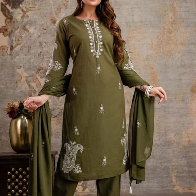 Olive Green with White Embroidery Kurta Set with Dupatta