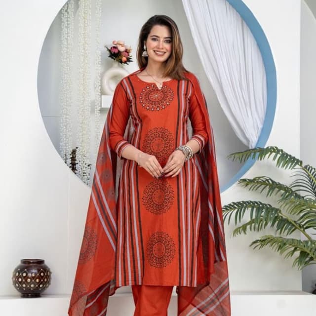 Orange, Black, Grey, White Kurta Set