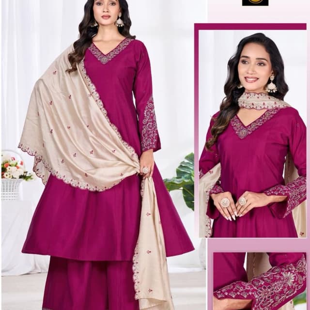 Magenta, Beige, Silver Kurta set with Palazzo and Dupatta
